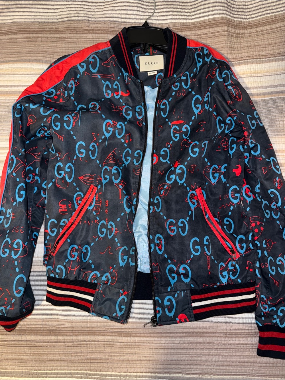 Gucci Black Jacket with Blue GG Print & Red Trim